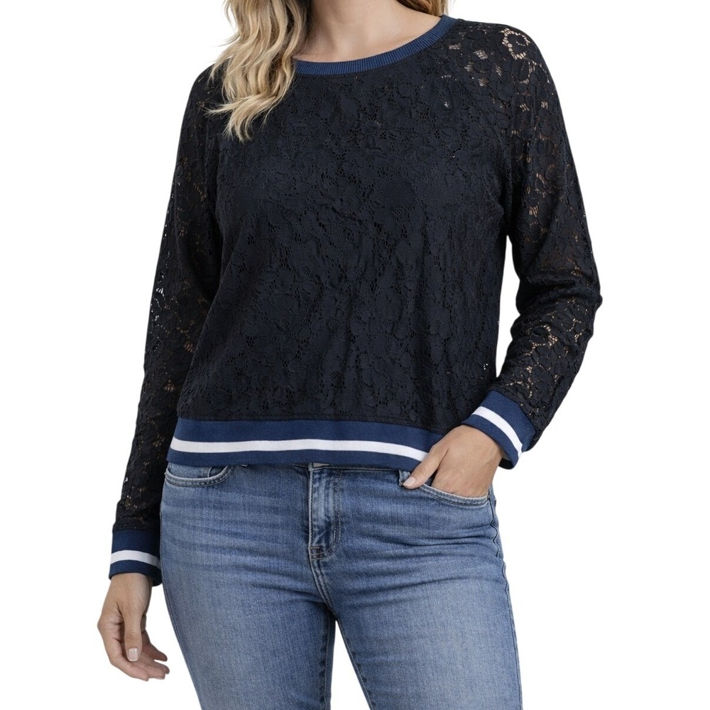 Kaari Blue Lace Pullover Top Womens Large Navy Blue Striped Trim Long Sleeve
